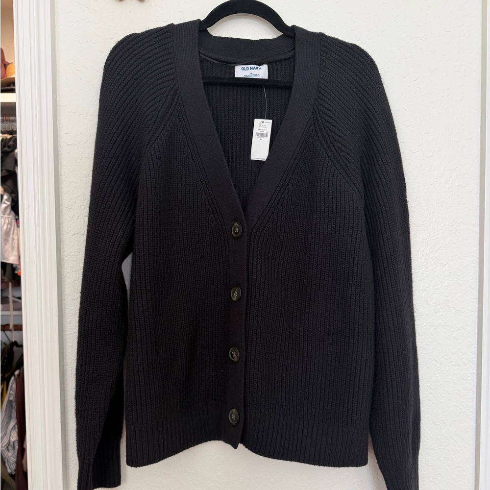 Old Navy Black Shaker Knit Button-Up V-Neck Cardigan